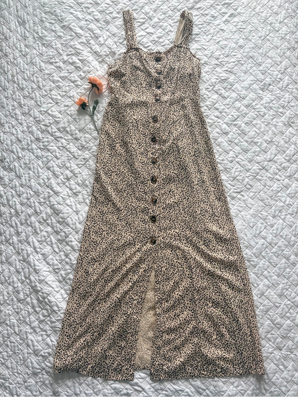 Japna Leopard Print Button Front Maxi Dress Size Small Smocked Back